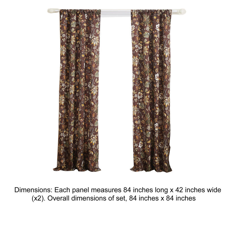 Athens 84 Inch Window Panel Curtain, Brown Microfiber Polyester, Jacobean - Benzara