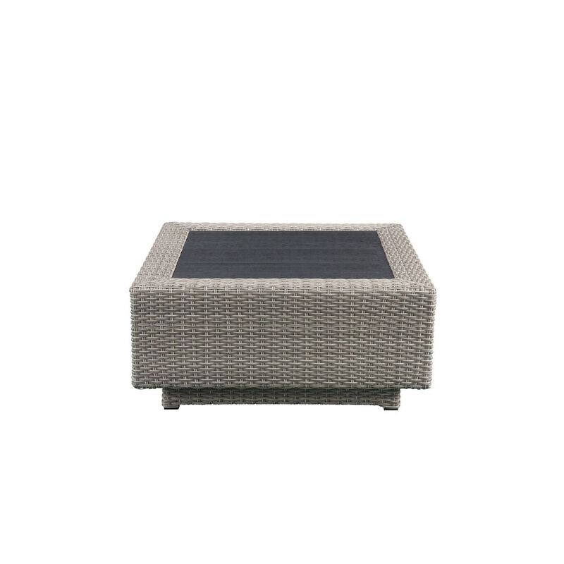 Salena Patio Sectional & Cocktail Table in Beige Fabric & Gray Wicker