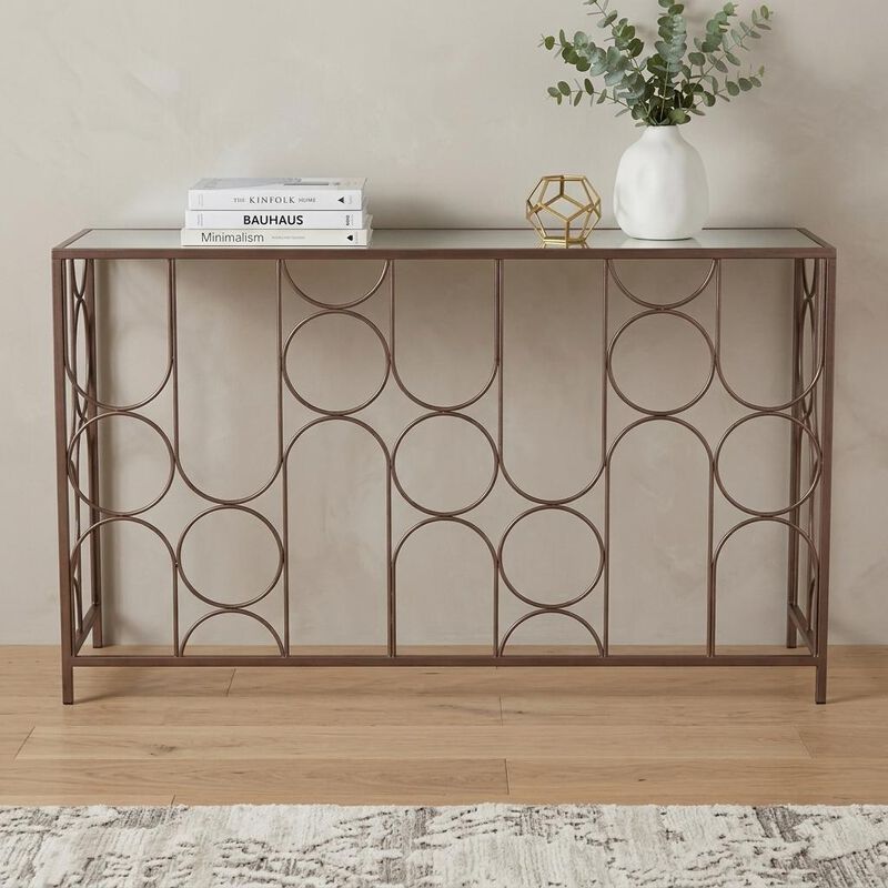HomeRoots 50" Clear and Bronze Mirrored Glass and Steel Frame Console Table image number 1