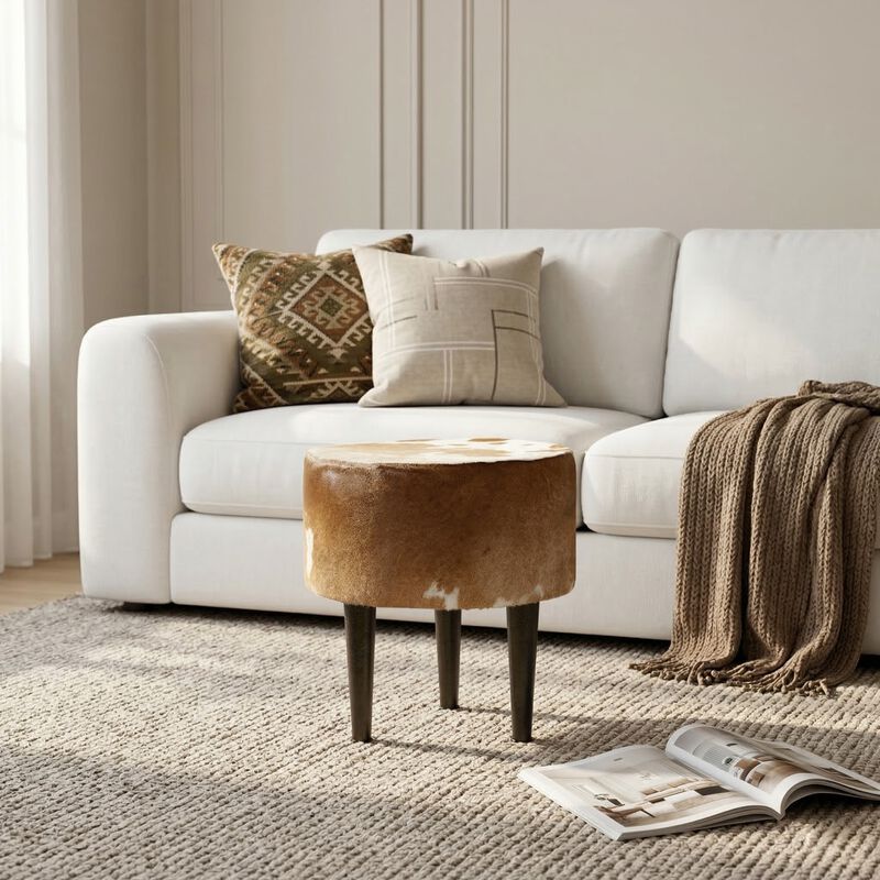 Luxury Upholstered Round Stool with Metal Legs brown/tan & White image number 4