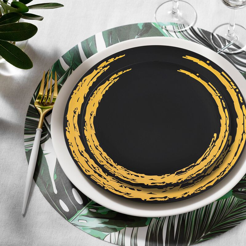 Black with Gold Moonlight Round Plastic Dinnerware Value Set (40 Sets) image number 8