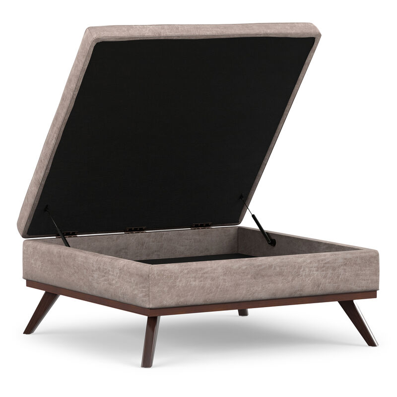 Owen 40 inch Wide Mid Century Modern Square XL Coffee Table Storage Ottoman in Distressed Grey Taupe Vegan Faux Leather, Assembled image number 3