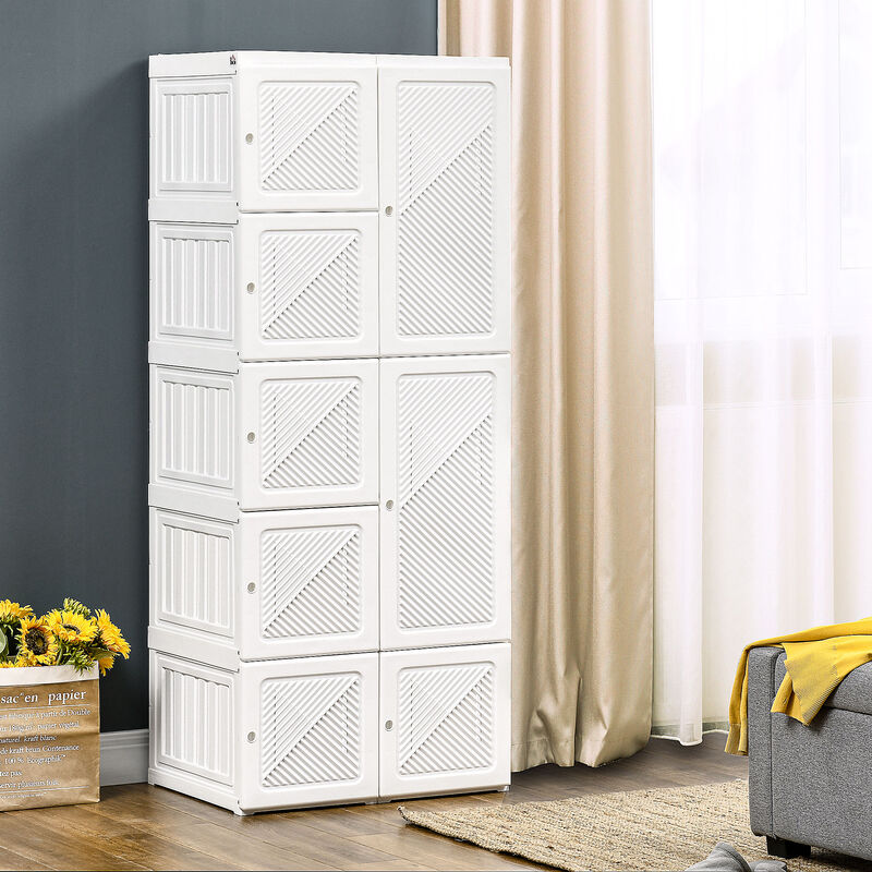 HOMCOM Portable Wardrobe Closet, Folding Bedroom Armoire, Clothes Storage Organizer with 8 Cube Compartments, Hanging Rod, Magnet Doors, White