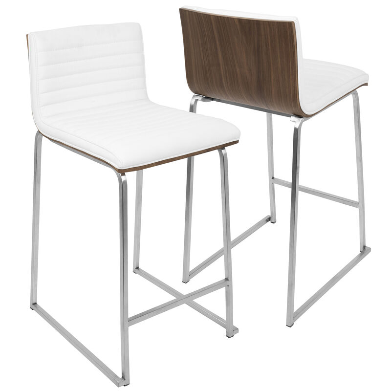 Lumisource Mara Contemporary Counter Stool in Brushed Stainless Steel, Walnut Wood, and White Faux Leather - Set of 2