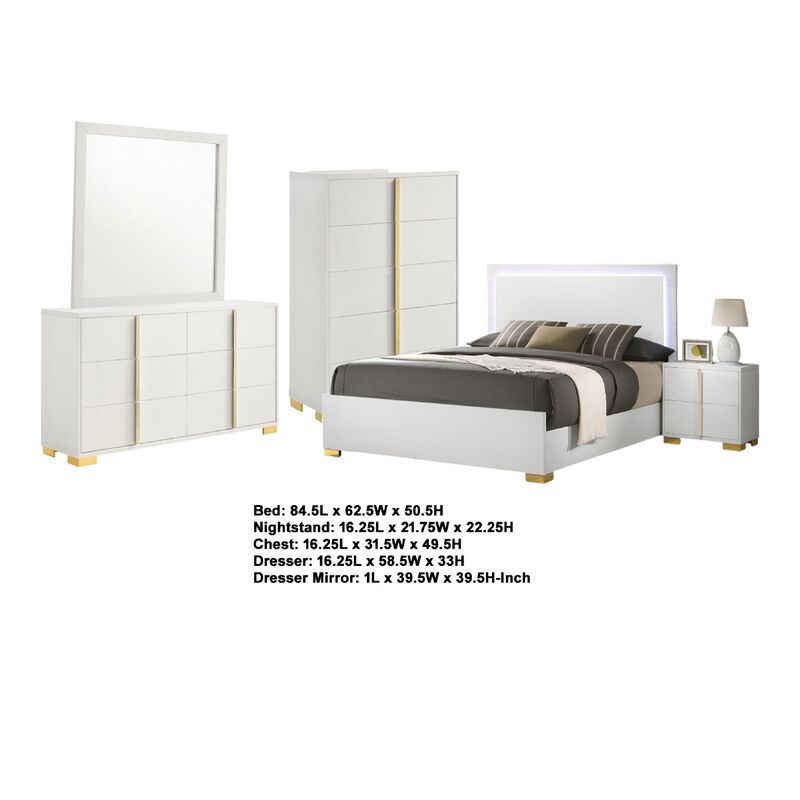 Dex 5pc Queen Bedroom Set with Modern LED Headboard, Mirror, White