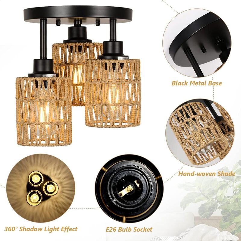 ELEMENT ACE 3-Light Hand-Woven Natural Rattan Semi Flush Mount Ceiling Light, Boho Rustic Farmhouse Style Ambient Lighting for Hallway Living Room Bedroom Entryway image number 3