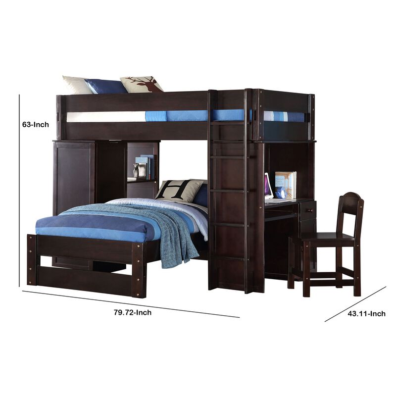 Wooden Loft Bed with Twin Size Bed and Wardrobe Space, Brown-Benzara