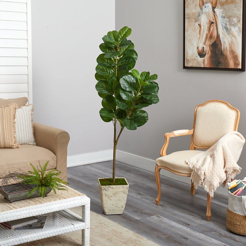 Hivvago 5.5 Feet Fiddle leaf Fig Artificial Tree in Country White Planter