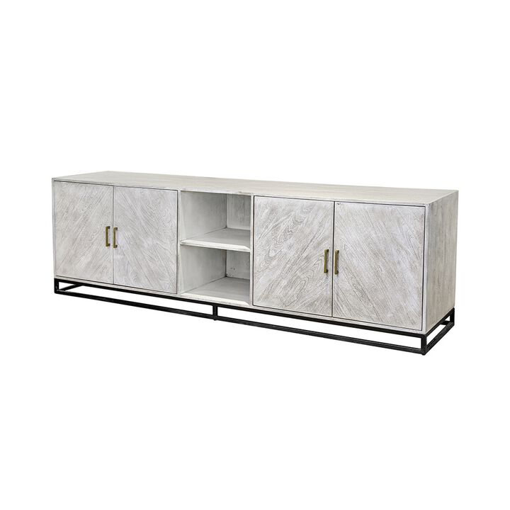 Jen 87 Inch Sideboard Cabinet, Doors, Shelves, Black Iron Stand, Cream Wood - Benzara