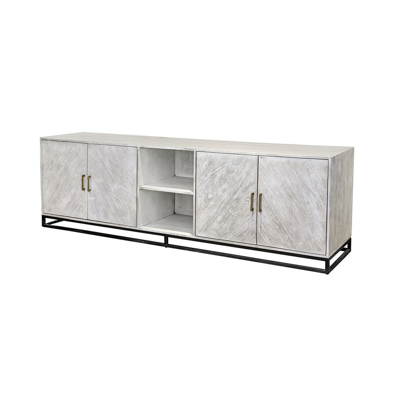 Jen 87 Inch Sideboard Cabinet, Doors, Shelves, Black Iron Stand, Cream Wood - Benzara
