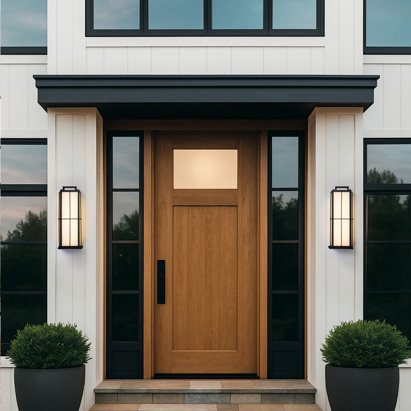 H16 Inch Modern Outdoor Wall Lantern with Dusk-to-Dawn Sensor Integrated 16W LED Light Frosted Panels and Black Metal Exterior Sconce for Porch Garage Entryway image number 2