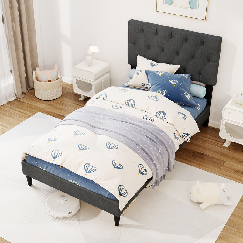 Tufted Headboard Upholstered Platform Bed with Wooden Slats, Elegant Bed Frame