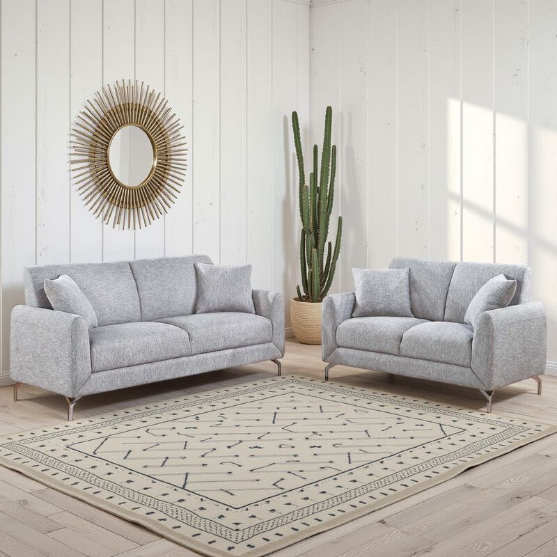 Rena 2pc Sofa and Loveseat Set, 2 Pillows, Light Gray Burlap Fabric - Benzara