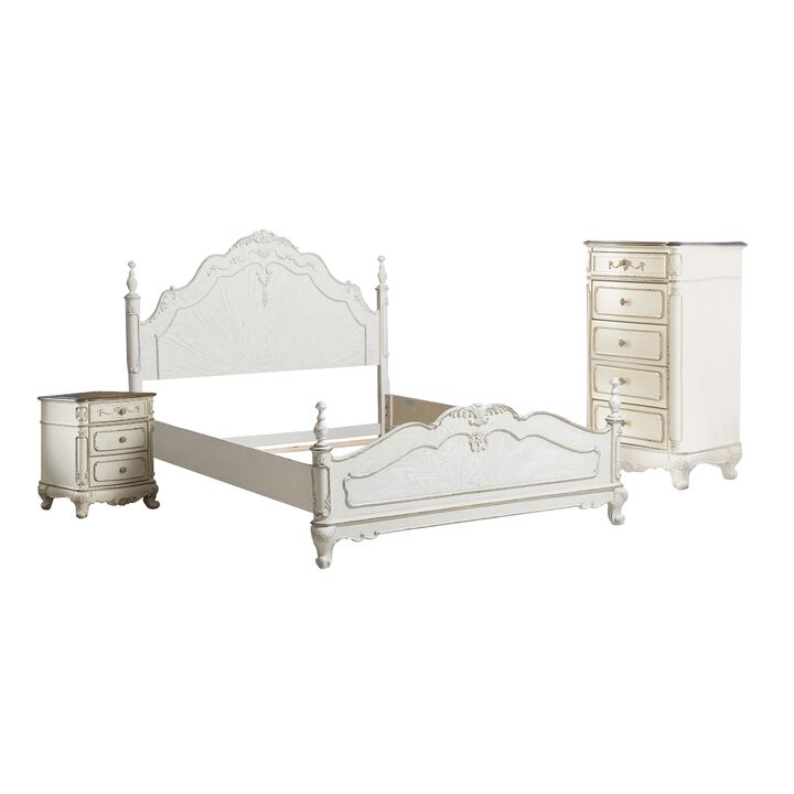 Prin 3 Pc Full Size Bedroom Set, Ornate Carvings, Antique White, Traditional