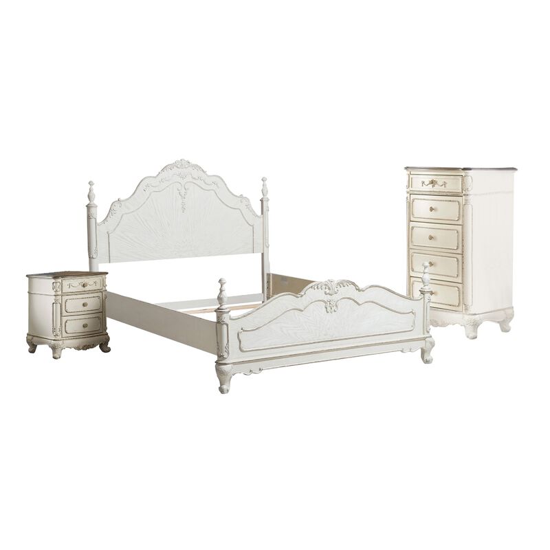 Prin 3 Pc Full Size Bedroom Set, Ornate Carvings, Antique White, Traditional image number 0