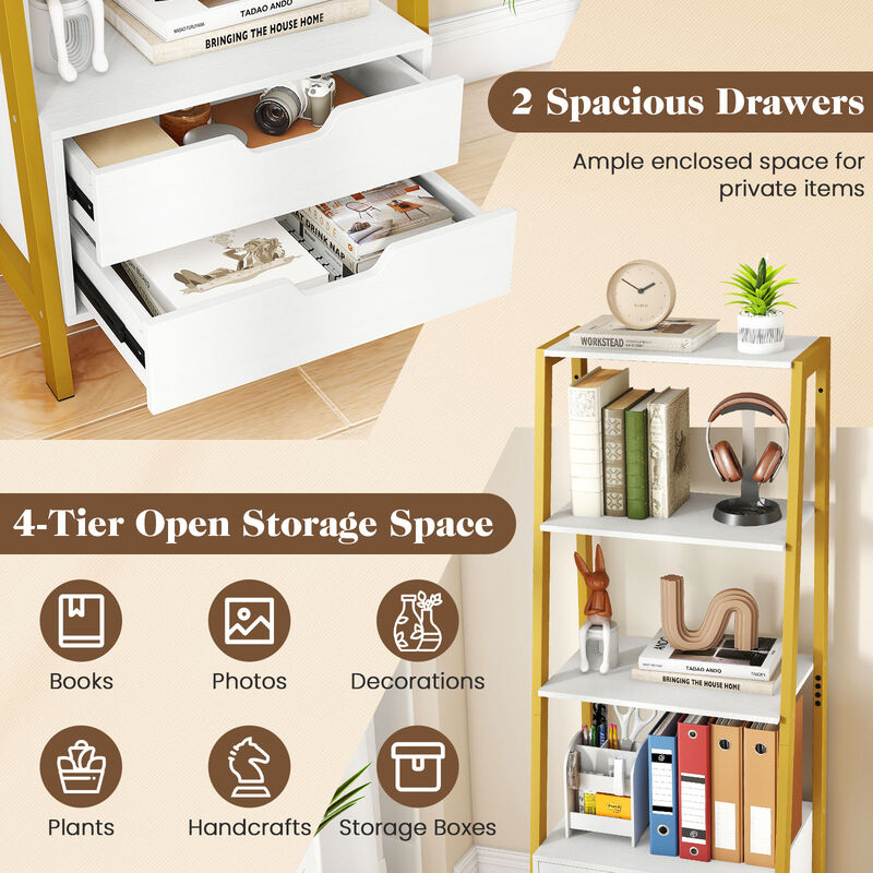 4-Tier Ladder Shelf with 2 Drawers, Freestanding Bookcase for Home or Office