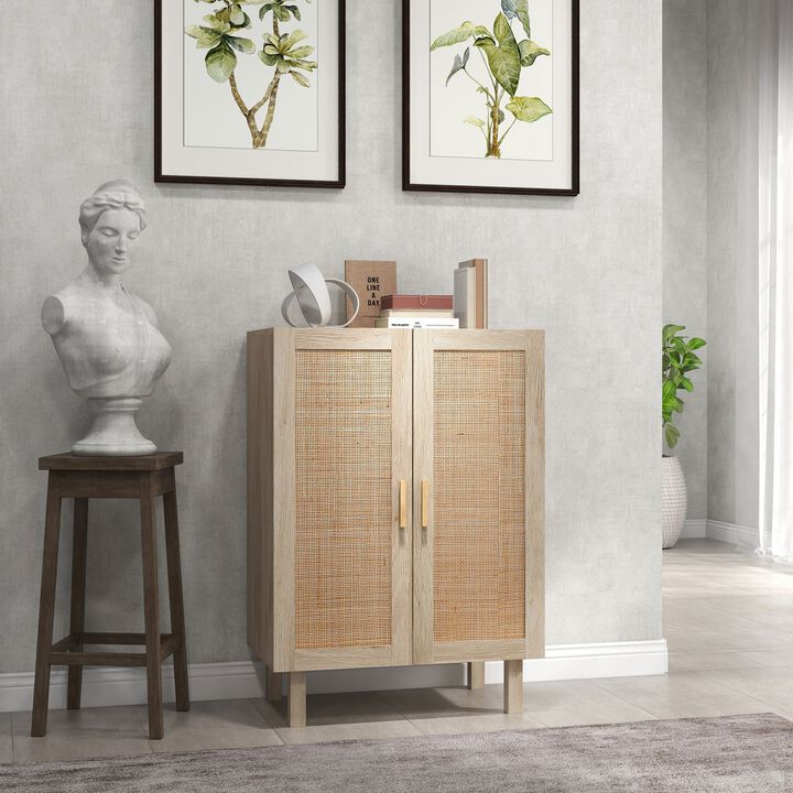 Kitchen Buffte Cabinet, Rattan Kitchen Storage Cabinet, Coffee Bar Cabinet with 2 Rattan Doors & Adjustable Shelves, Natural