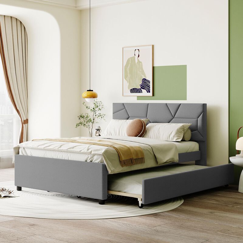 Upholstered Platform Bed with Brick Pattern Headboard and Twin Size Trundle