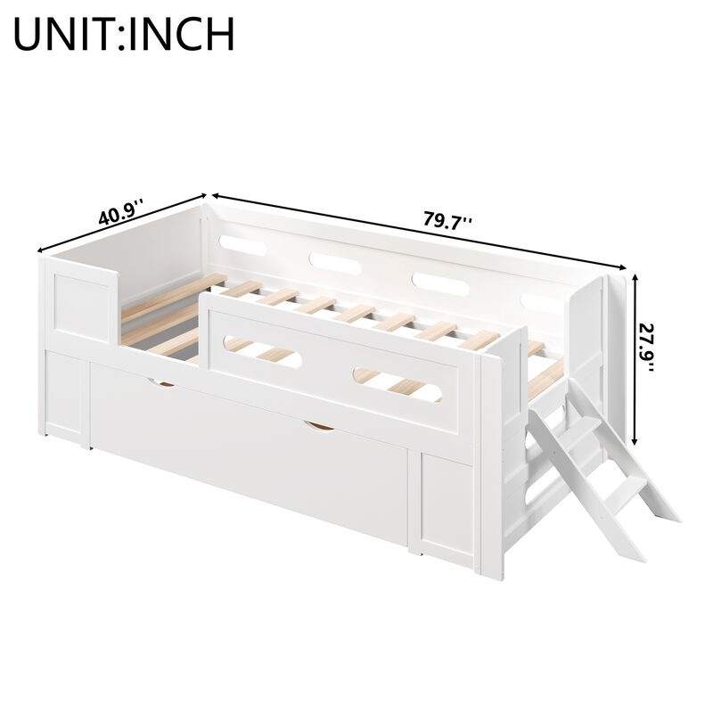 Merax Low Wood Platform Bed with Semi-Enclosed Guardrail & Storage Drawer image number 4