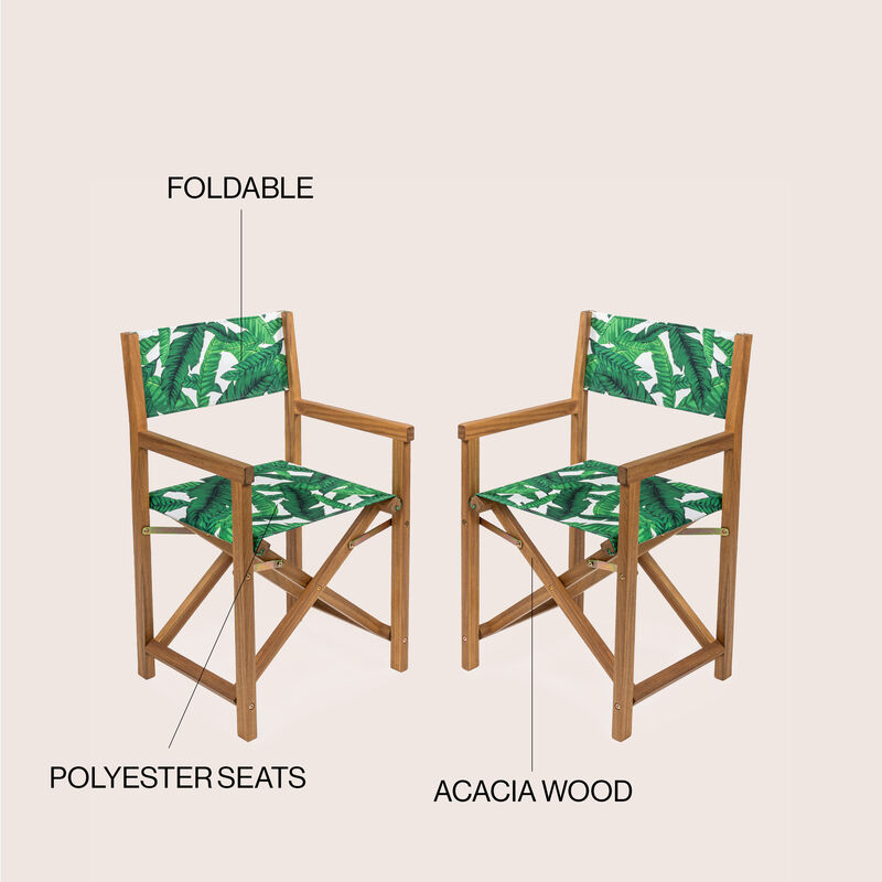 Cukor Classic Vintage Outdoor Acacia Wood Folding Director Chair with Canvas Seat, Green Leaf/Teak Brown (Set of 2)