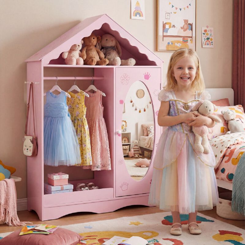 Kids Wardrobe Closet with Mirror, Dress Up Storage with Open Hanging Rack image number 3
