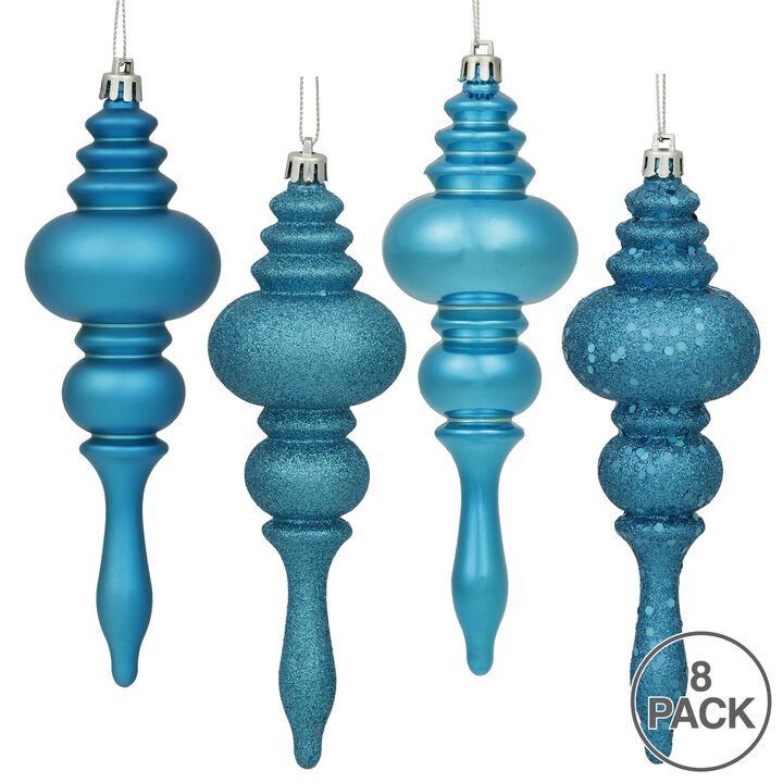 Vickerman 7" 4-Finish Finial Ornament, Shatterproof Plastic Christmas Tree Decoration, 8 Pack, Turquoise Shiny, Matte, Glitter and Sequin Finishes