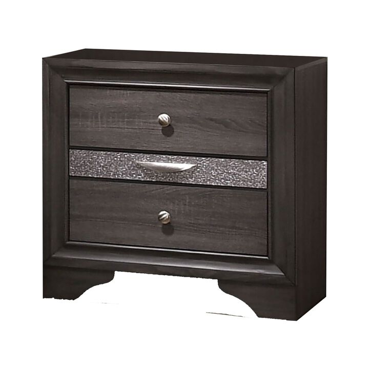 Wooden Nightstand with 2 Drawers and 1 Jewelry Drawer, Gray and Silver - Benzara