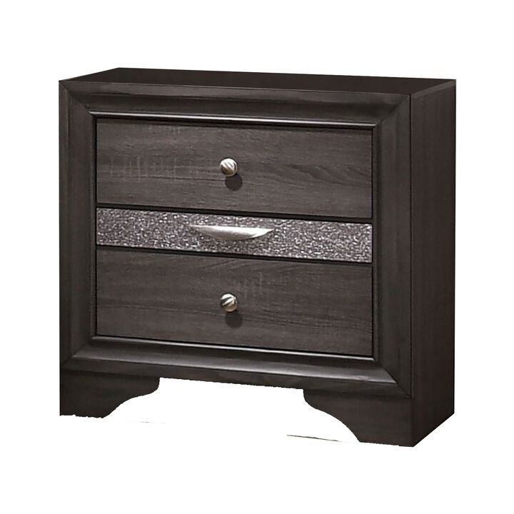 Wooden Nightstand with 2 Drawers and 1 Jewelry Drawer, Gray and Silver-Benzara