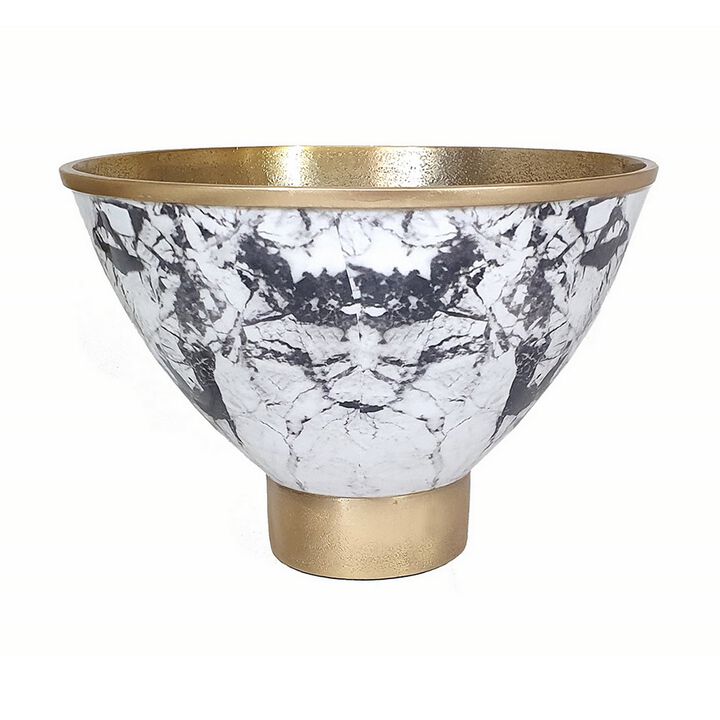 Sinzo 10 Inch Tapered Bowl, Gold Aluminum, Textured Design, Black, White  - Benzara
