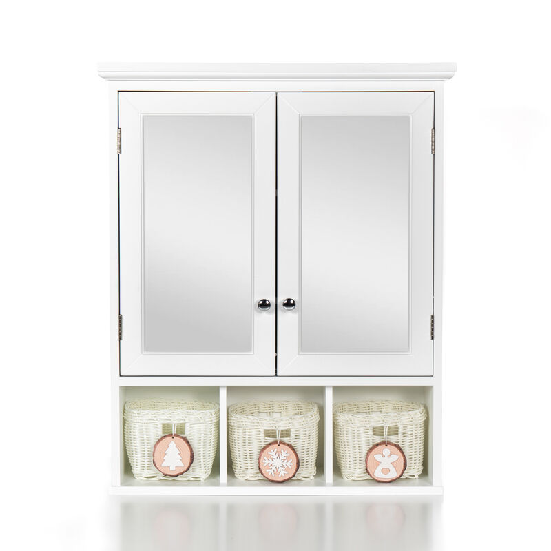 Streamdale White Wood Wall Cabinet with Mirrored Doors & Storage Baskets