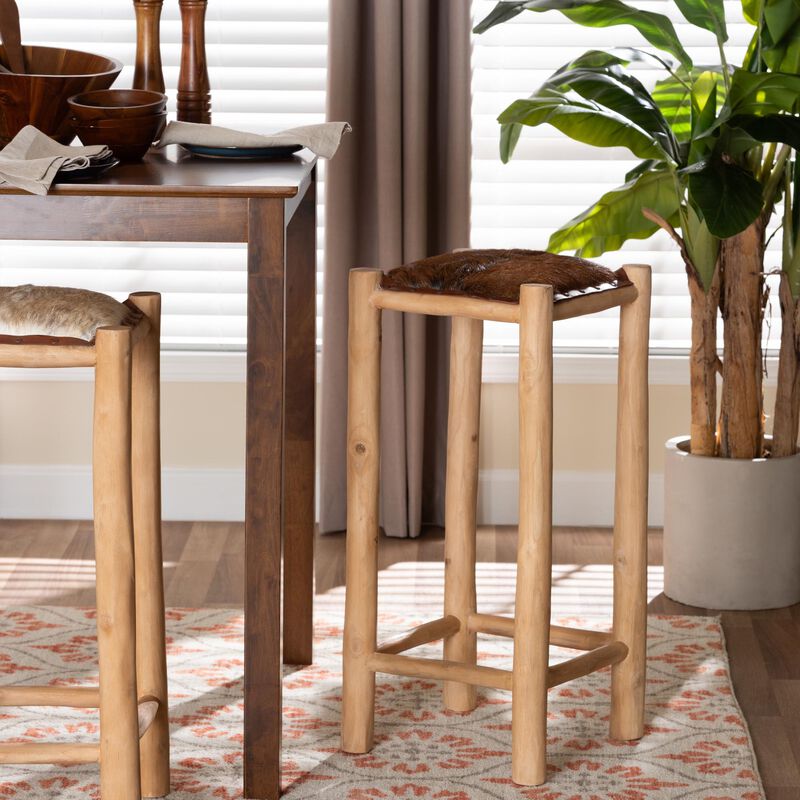 bali & pari Rivera Genuine Goat Leather Bar Stool - Rustic Boho Seating with Teak Wood Frame and Natural Hide Upholstery image number 6