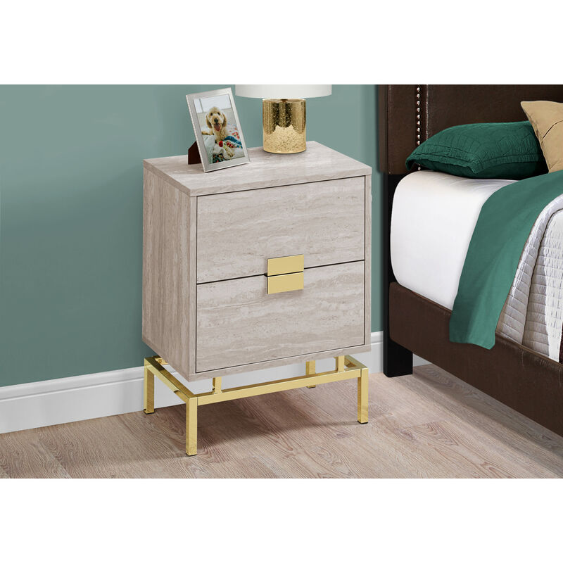Monarch Specialties I 3493 Accent Table, Side, End, Nightstand, Lamp, Storage Drawer, Living Room, Bedroom, Metal, Laminate, Beige Marble Look, Gold, Contemporary, Modern