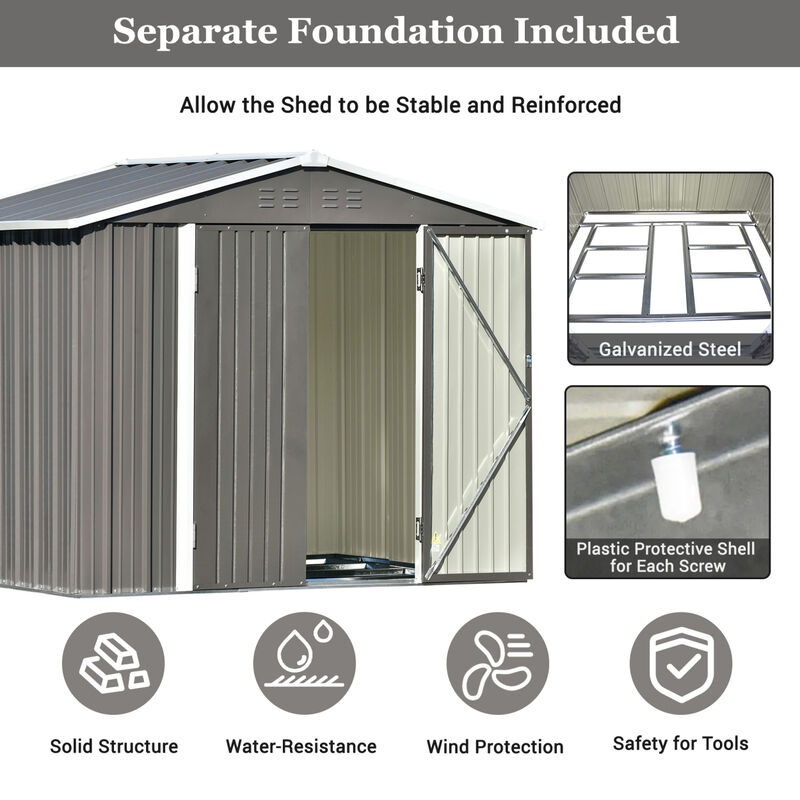 Patio 8ft x6ft Bike Shed Garden Shed, Metal Storage Shed with Adjustable Shelf and Lockable Doors, Tool Cabinet with Vents and Foundation Frame for Backyard, Lawn, Garden, Gray image number 3