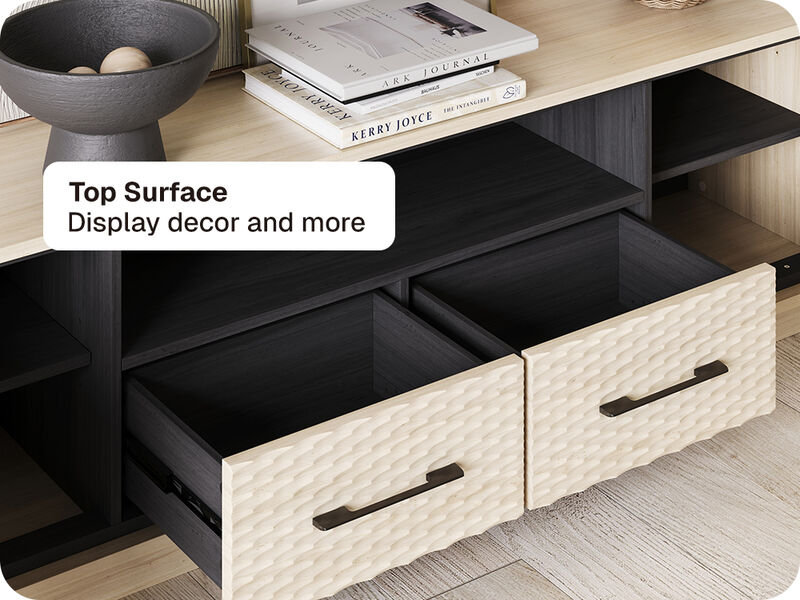 BELLEZE 68" Embossed TV Stand For Tv Up to 75", Mid Century Modern Entertainment Center with Storage & 2 Drawers, Media Console Cabinet for Living Room (White Lotus)