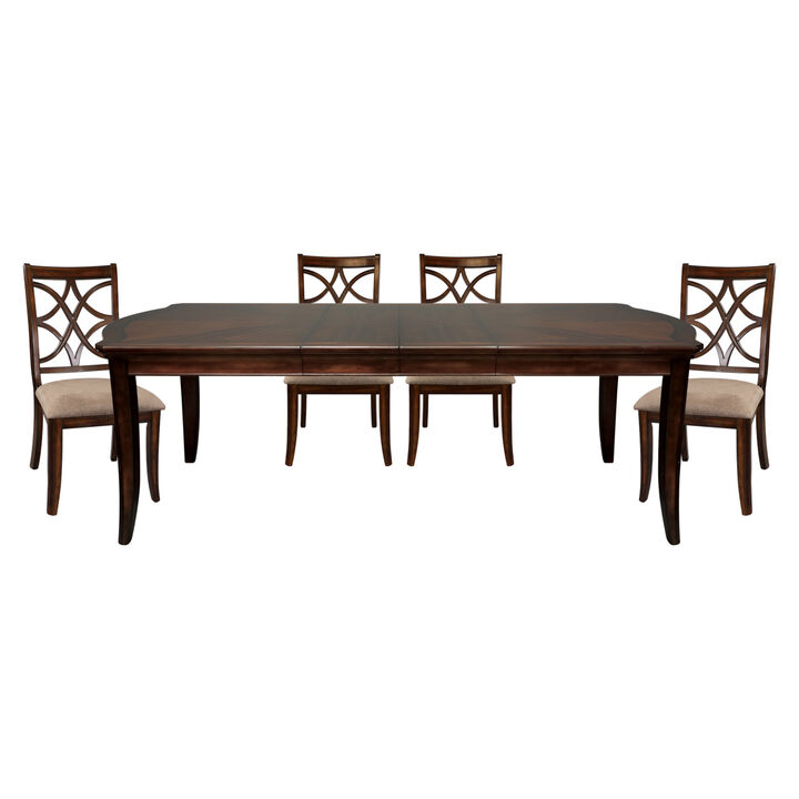 Cherry Finish Formal Dining 5pc Set Dining Table w 2 Extension Leaves And 4x Side Chairs Fabric Upholstered Wooden Dining Room Furniture