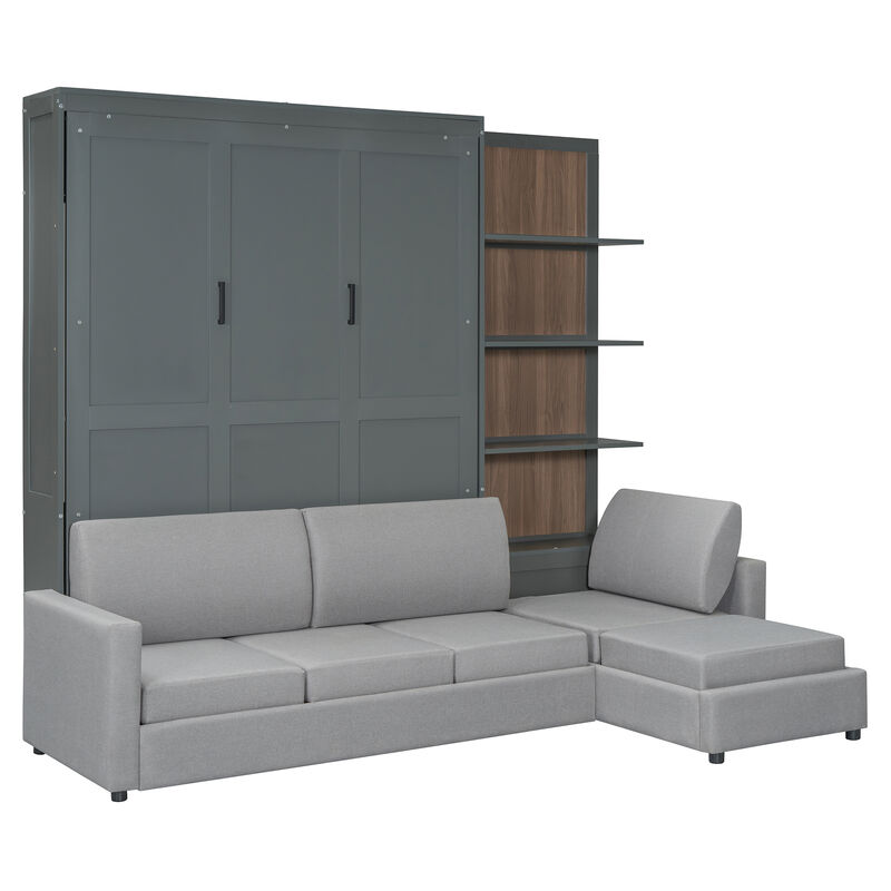Whisen Queen Size Murphy Bed Wall Bed with Sofa and Shelves