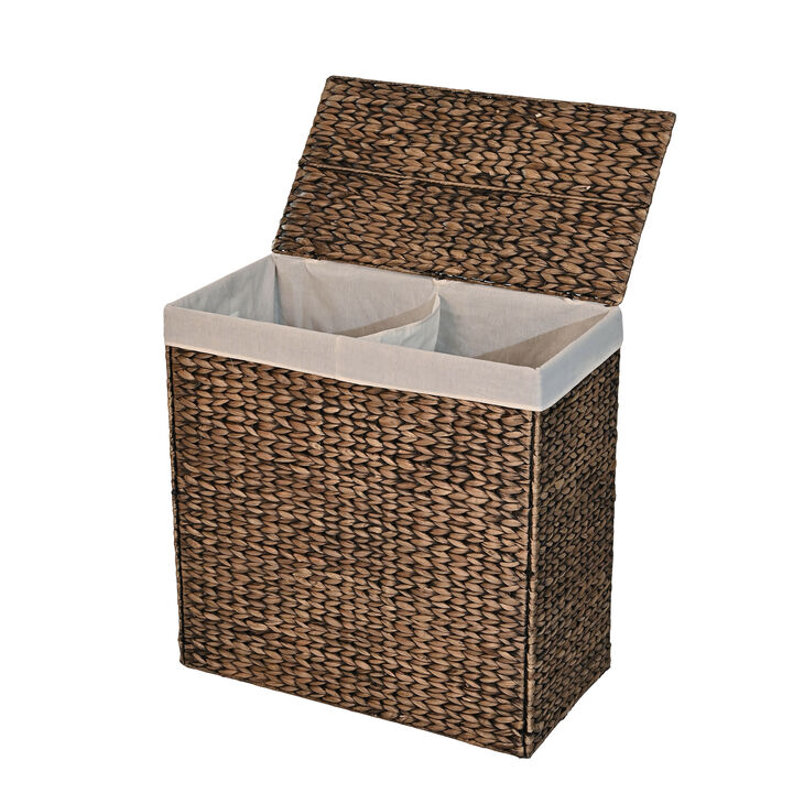 Sawyer Classic Farmhouse Handwoven Hyacinth 2-Section Collapsible Laundry Hamper with Washable Liner