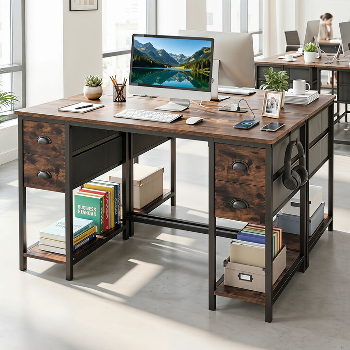 Home Office Computer Desk with Charging Station & 4 Fabric Drawers, Study Work Desk
