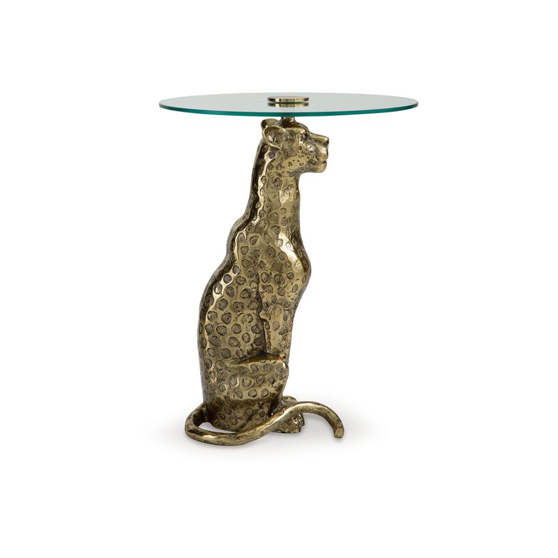 Accent Table, Gold Cast Metal Leopard Design, 18 Inch Glass Round Top