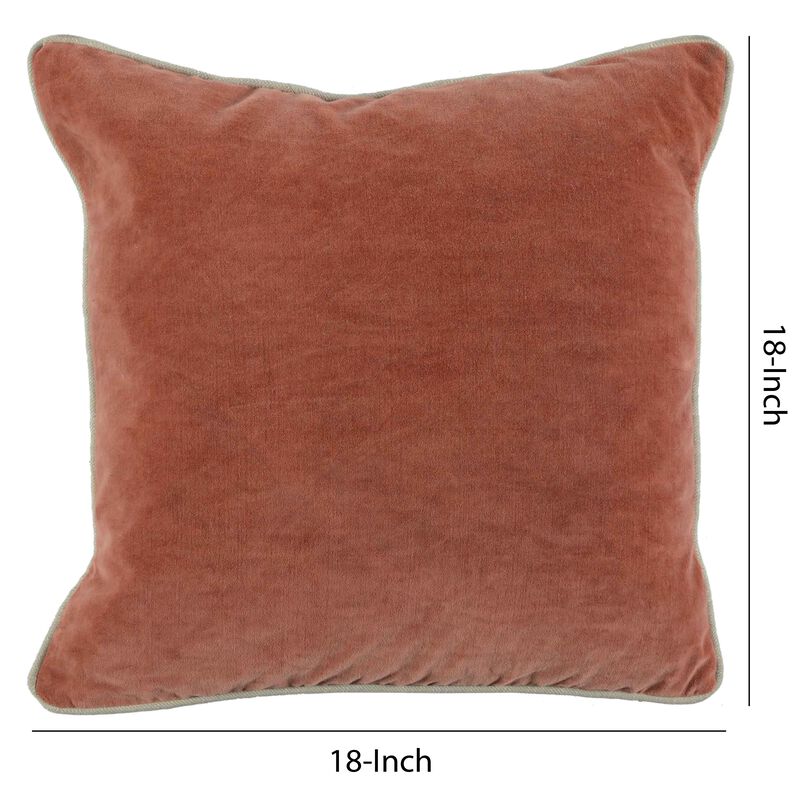 Square Fabric Throw Pillow with Solid Color and Piped Edges, Pink - Benzara