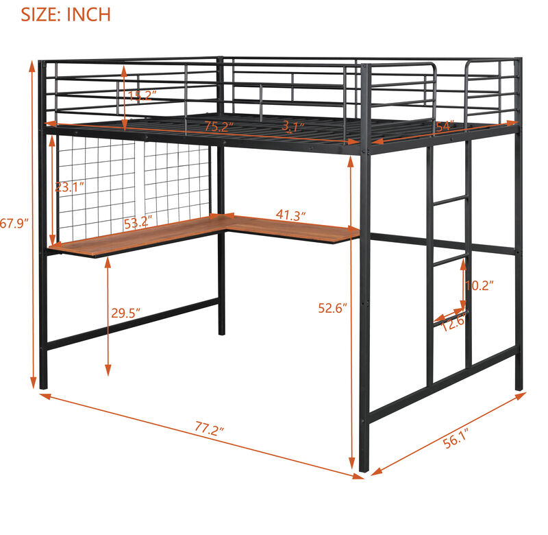 Whisen Modern Style Full Size Metal Loft Bed with Desk and Metal Grid