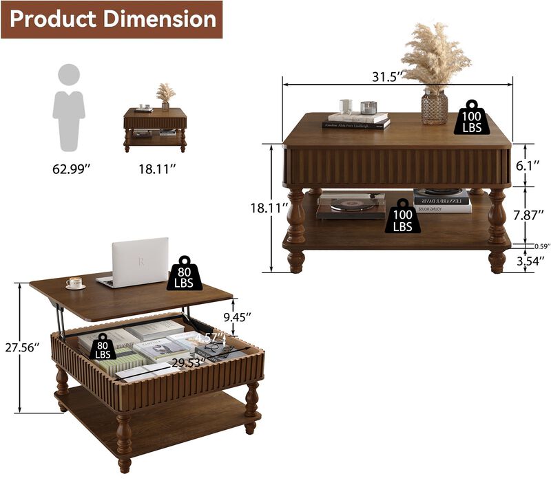31.5 Inch Modern Square Lift-Top Coffee Table with Hidden Storage Tray, Fluted Wood Design, Wooden Living Room Center Table image number 8
