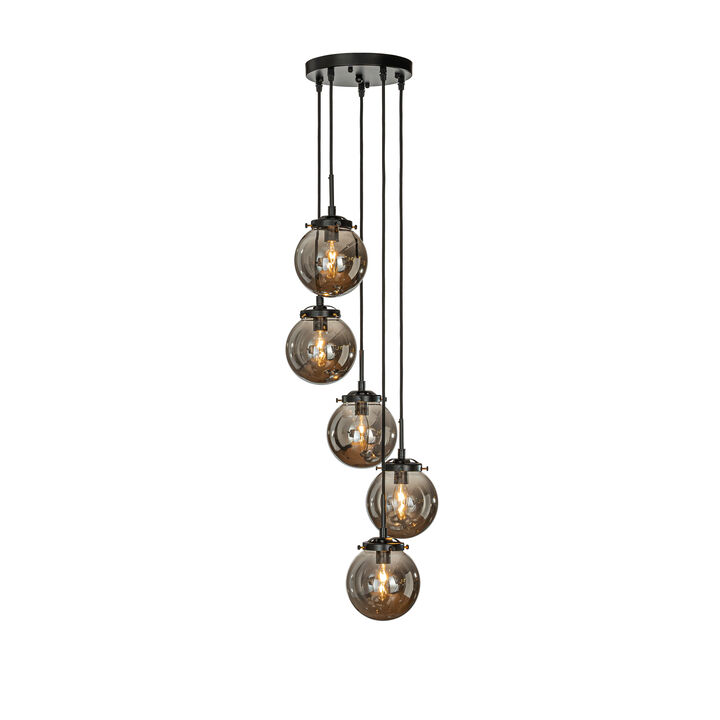 5-Light Matte Black Staircase Modern Chandelier Corner Pendant With Smoke Globe Bubble Glass Accents