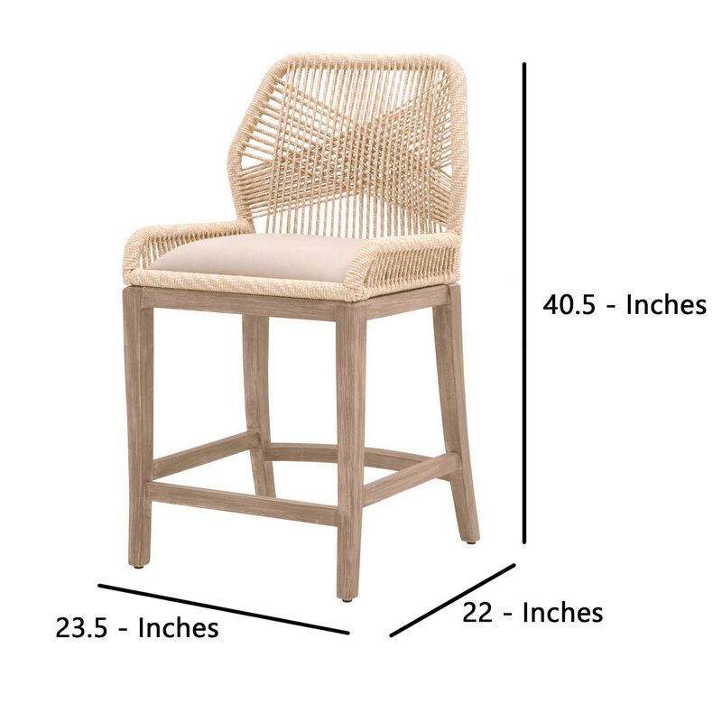 Intricate Rope Weaved Padded Counter Stool, Beige and Brown-Benzara