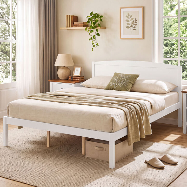 Wood Bed Frame with Curved Headboard and Platform Design for Bedroom