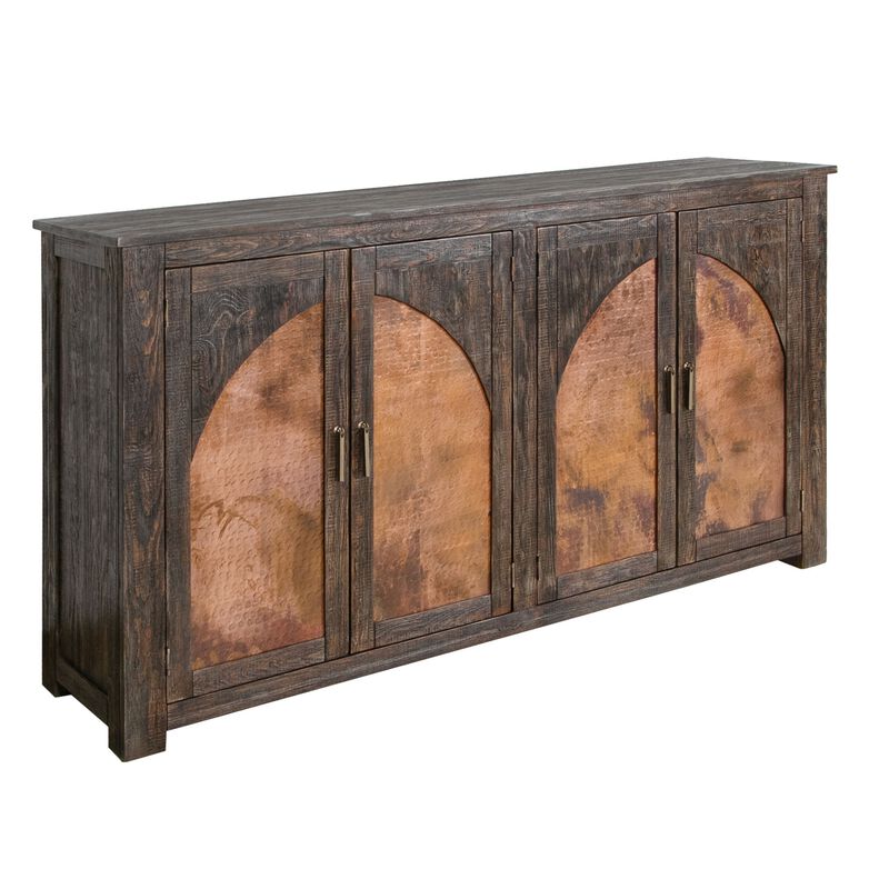 Brun 70 Inch Sideboard Console, 4 Copper Doors, Pine Wood Frame, Deep Brown