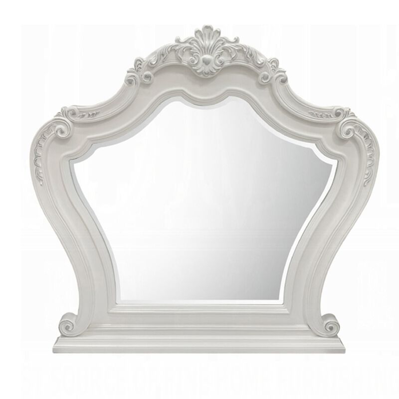 Maver Dresser Mirror, 46x48, Beveled Edges, White Ornate Carved Wood