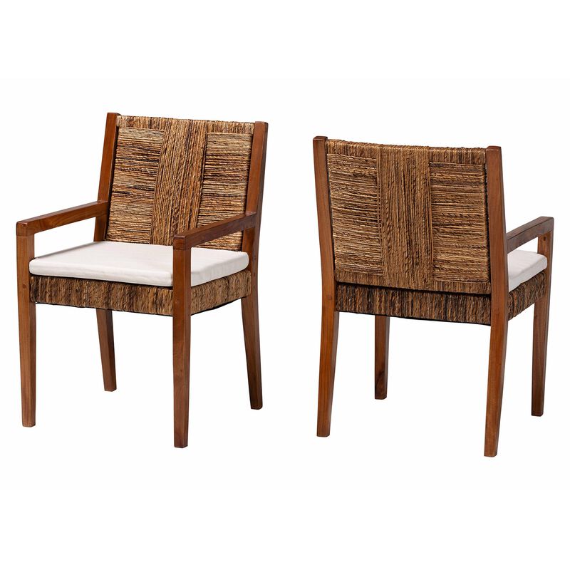 bali & pari Chabela 2-Piece Handwoven Seagrass Armchairs - Solid Mango Wood Frame Dining Chair with Woven Seat and Backrest, Rustic Boho Style Kitchen or Dining Room Seating, Medium Brown