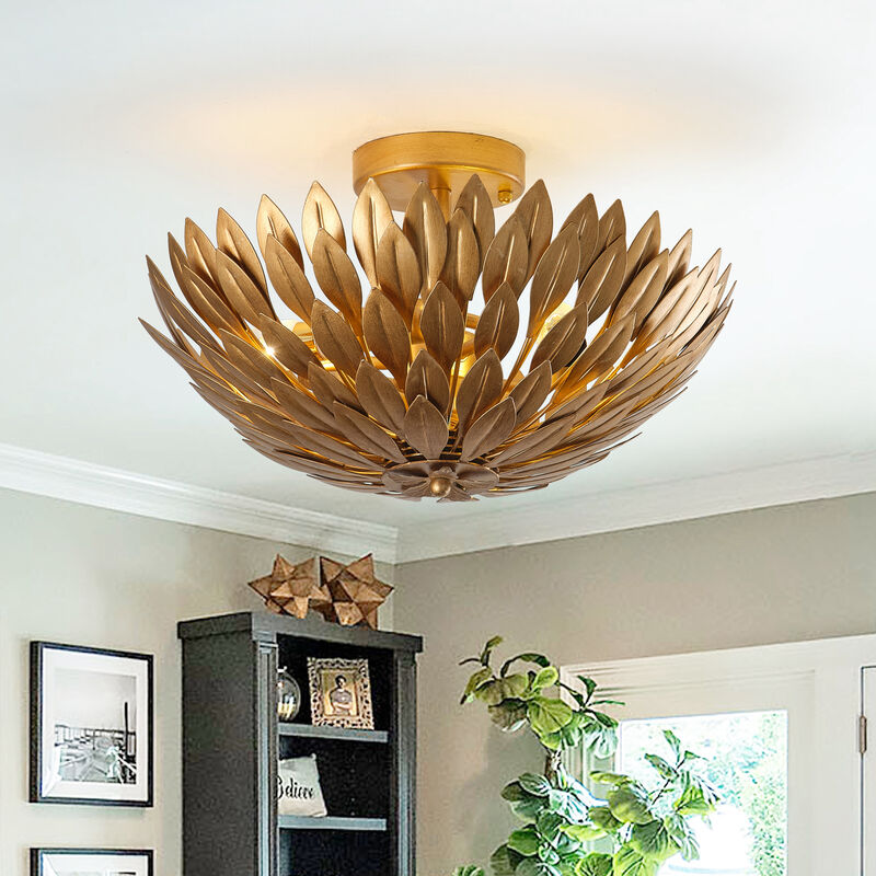 15.8" Modern Antique Gold Leaf Semi Flush Mount Ceiling Light image number 1