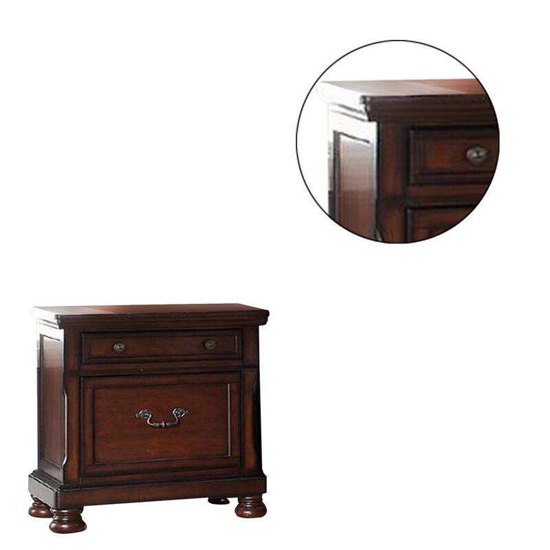 Two Drawers Wooden Nightstand with Bun Feet, Brown-Benzara